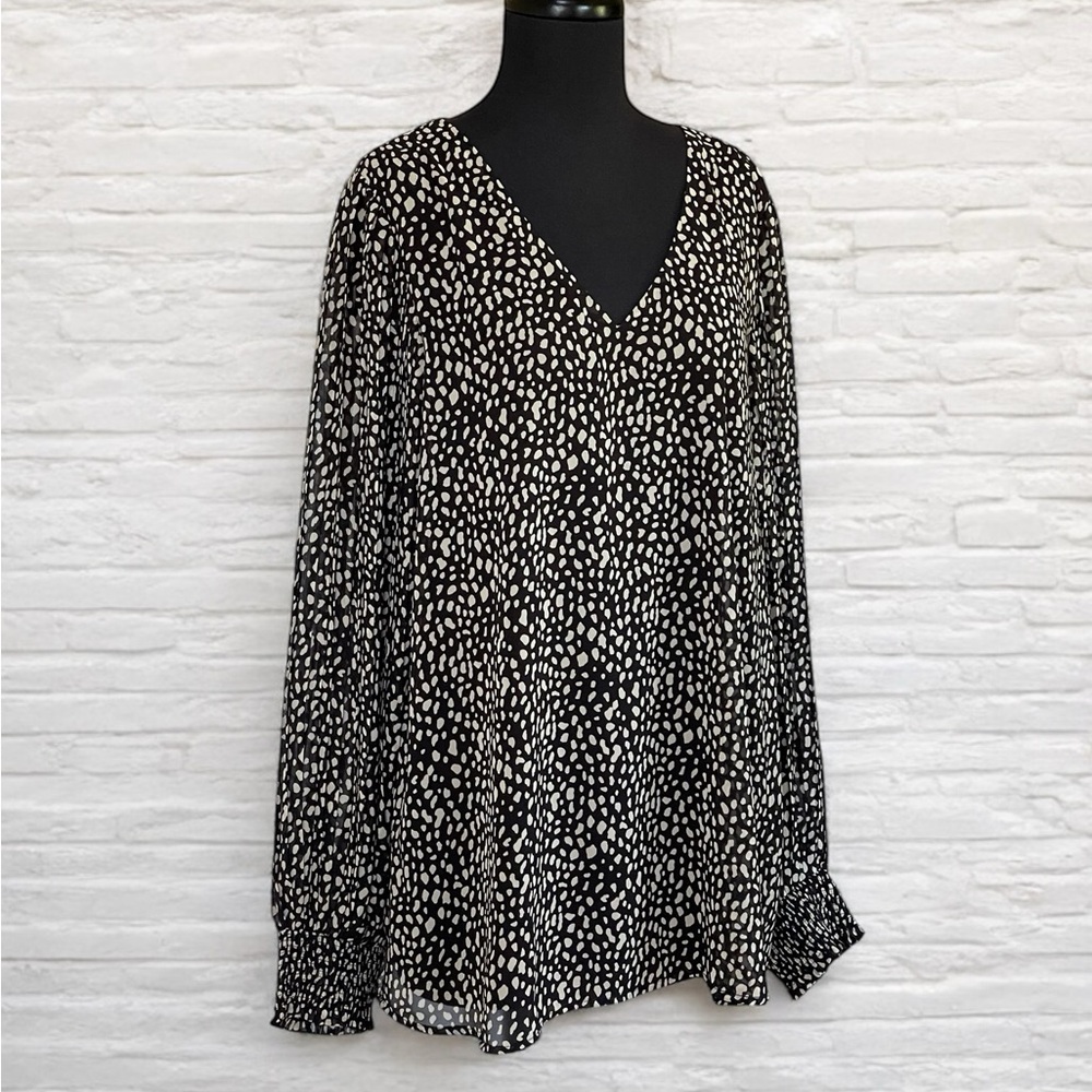 JODIFL Black Creamy White Abstract Dots Relaxed Long Sleeve Blouse Sz L V-Neck